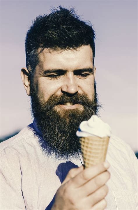 Man With Long Beard Enjoy Ice Cream Sweet Tooth Concept Bearded Man