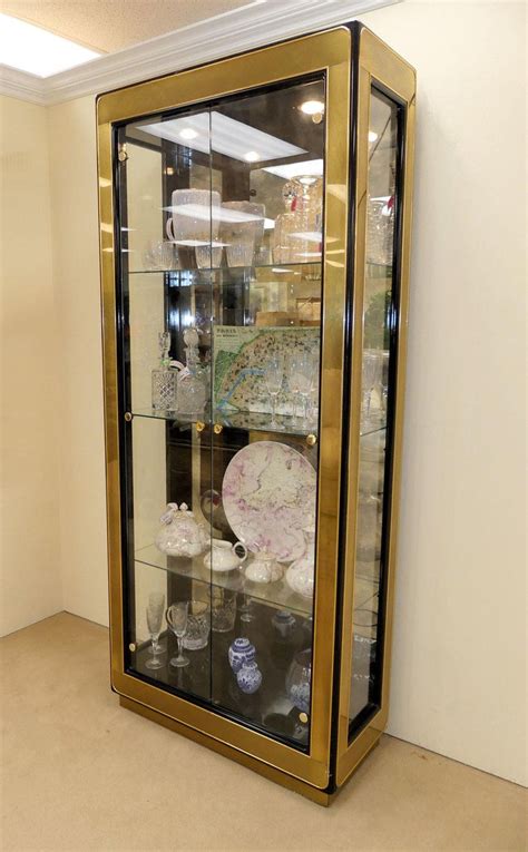 Two Modern Black Lacquered Brass Curio Display Cabinets By Mastercraft For Sale At 1stdibs