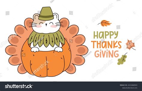 Draw Funny Cat Thanksgiving Pumpkin Turkey Stock Vector Royalty Free