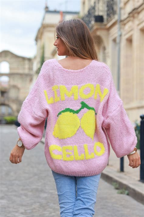Soft Pink Chunky Knit Cardigan With Lemon Limoncello Back Pattern