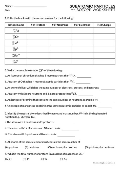 Free Printable Subatomic Particles And Isotopes Worksheets Worksheets