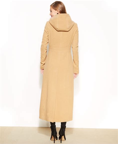 Anne Klein Double Breasted Wool Blend Hooded Maxi Coat In Camel Natural Lyst