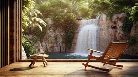 Balcony Chair Overlooking 3d Rendered Waterfall Background 3d