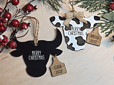 Personalized Cow Christmas Ornament Bull Ear Tag Ornaments Merry