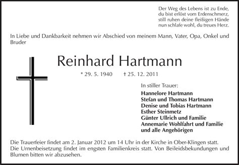 Traueranzeigen Von Reinhard Hartmann Vrm Trauer De