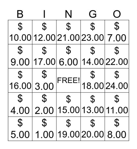 Money Bingo Card