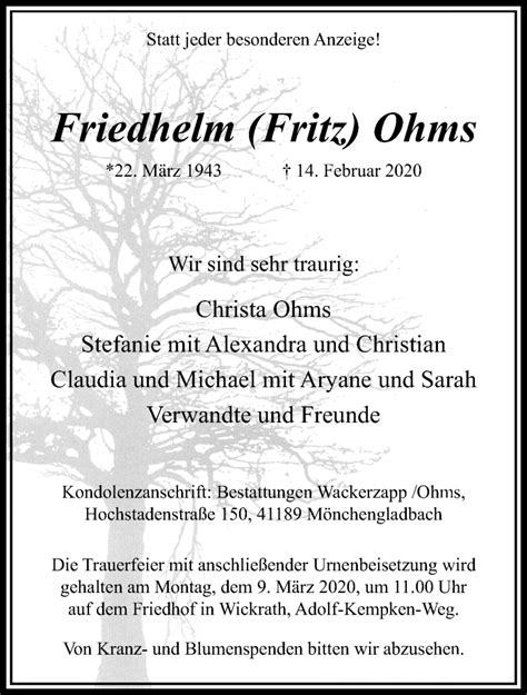 Traueranzeigen Von Friedhelm Ohms Trauer Und Gedenken