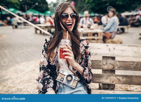 Happy Stylish Hipster Woman In Sunglasses With Lemonade Smiling Stock