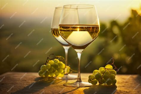 Premium Photo Two Glasses Of White Wine With Grapes On The Table