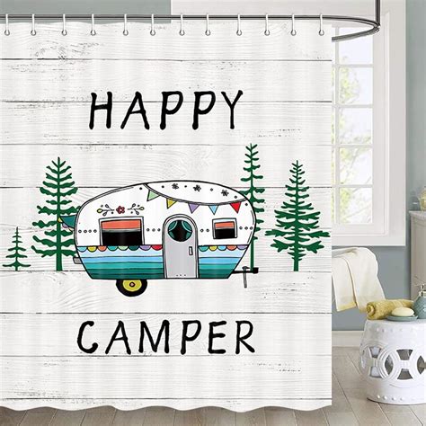 Happy Camper Shower Curtain Retro Rustic Wood Neutral Color For Travel