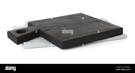 Black Wooden Cutting Board And Napkin Isolated On White Stock Photo Alamy