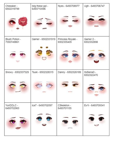 Face Sheet 4 Roblox Roblox Codes Face Id