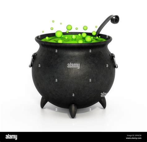 Witch Cauldron Full Of Green Bubbling Liquid Isolated On White