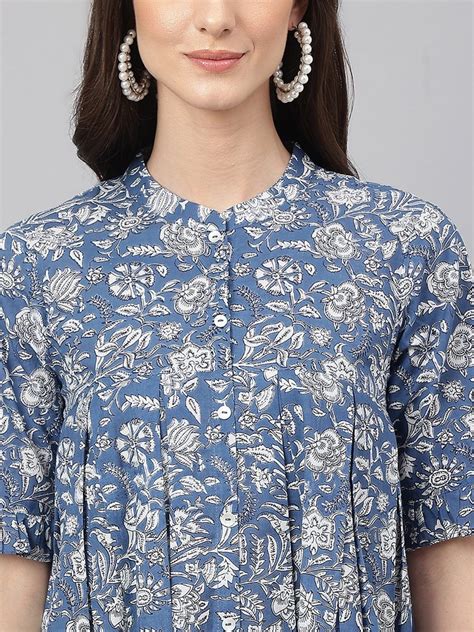 Janasya Women S Blue Cotton Floral Print Flared Top At Rs Piece