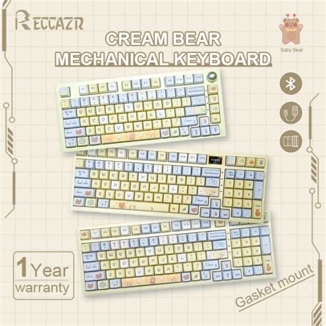 RECCAZR Cream Bear Hot Swappable Wireless Mechanical Keyboard Bluetooth RGB Backlit Bluetooth 2
