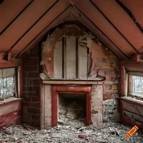 Detailed Abandoned Foggy Attic With Brick Fireplace And Tall Windows On