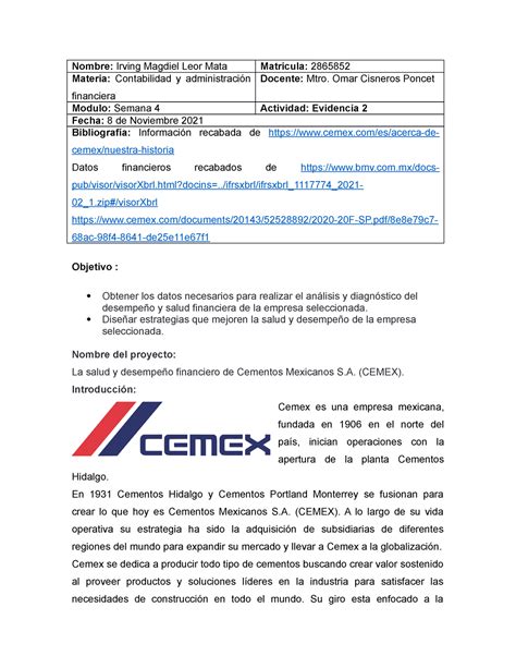 Evidencia 2 Contabilidad Y Administración Financiera Nombre Irving Magdiel Leor Mata