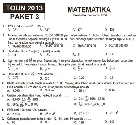 15 Paket Soal Latihan Ujian Sekolah SD MI Matematika SoalUjian Net