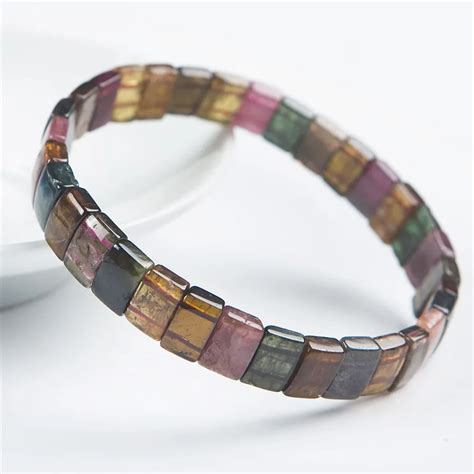 Genuine Natural Tourmaline Gemstone Crystal Rectangle Bead Stretch Bracelets For Women Female