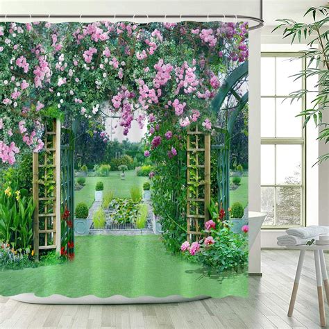 Vintage Wooden Door Shower Curtains Pink Rose Flowers Butterfly Green Leaves Plant Garden Wall