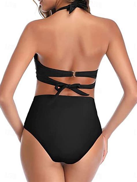 Women S Swimwear Bikini Shorts Swimsuit Halter Piece Criss Cross Stylish Push Up Plain