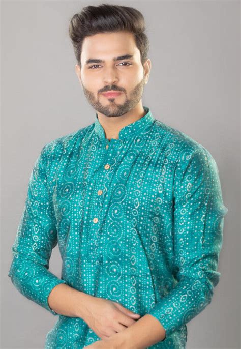 Digital Printed Cotton Kurta Set In Blue MNC310