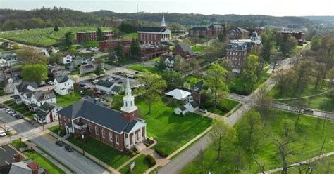 University College Campus In Small Town Waynesburg University Aerial In Spring Buildings