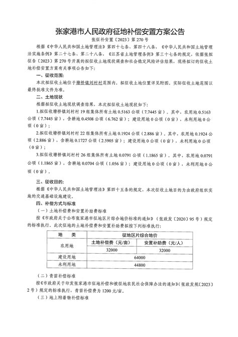 征地补偿安置方案公告张征补安置 2023 第270号第271号第272号第273号第274号第275号第276号 张家港市