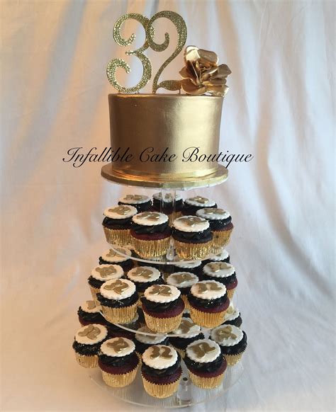 Gold and Black 32nd Birthday Cupcake Tower Cake