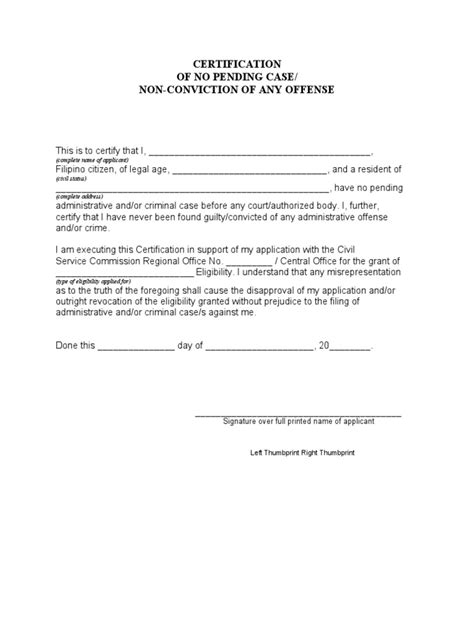 Certification Of No Pending Case Non Conviction Of Any Offense Pdf