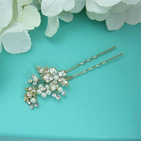 Swarovski Crystal Pearl Gold Wedding Hair Pin Bridal Hair Accessories