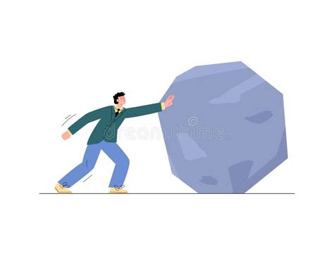 Businessman Pushing Stone Boulder With Effort Flat Vector Illustration