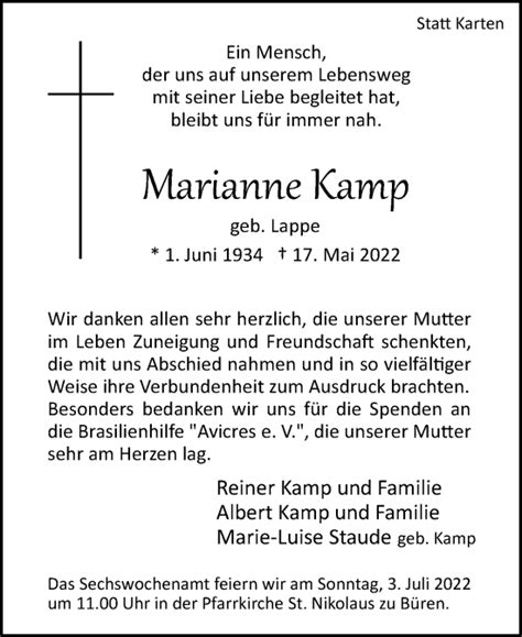 Traueranzeigen Von Marianne Kamp Westfalen Blatt De