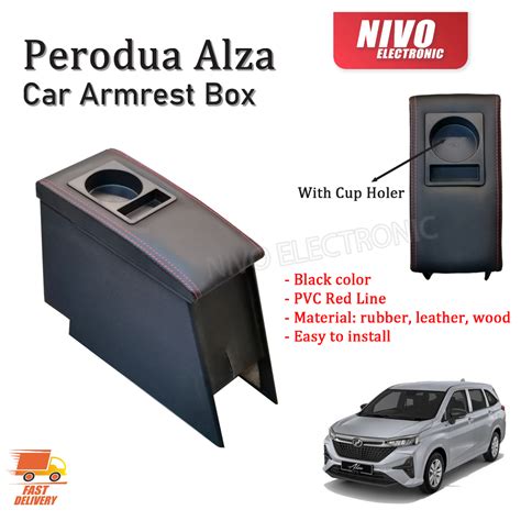 Perodua Alza Car Armrest Box With Drink Holder Pvc Red Line Tempat