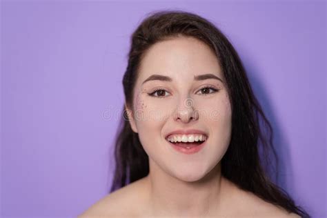 Pretty Brunette Girl Woman On Very Peri Background Trendy Color Stock Image Image Of