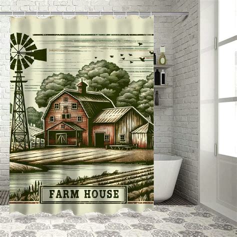 Dvbnli Farmhouse Shower Curtain Retro Farm Barn House Windmill Tree