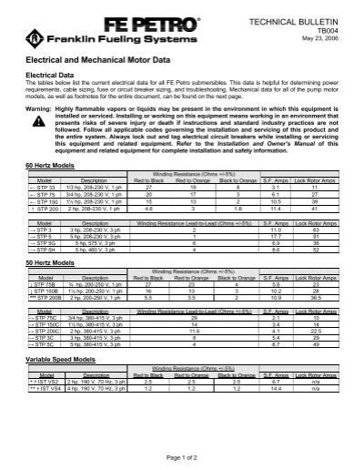 Electrical And Mechanical Motor Data Franklin Fueling Systems