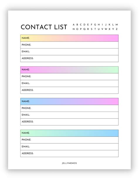 Cute Printable Contact List Templates - JellyMemos