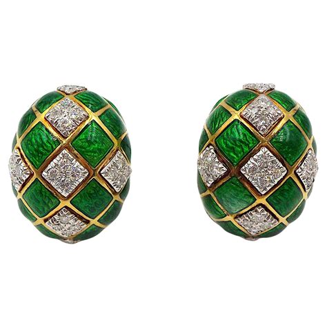 David Webb Platinum And 18K Gold Checkerboard Green Red Enamel Diamond