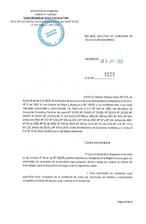 Res Ex N° 1335 2023 Rechaza Solicitud De Concesión De Acuicultura Que Indica Subpesca Normativa