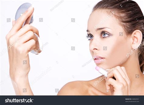 Makeup Beautiful Woman Applying Lipstick Holding Small Mirror Stock