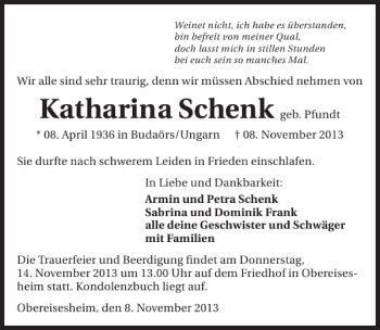 Traueranzeigen Von Katharina Schenk Trauerundgedenken De