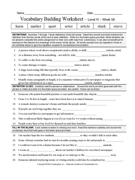 Fillable Online Vocabulary Building Worksheetlevel Ivweek 5a Fax Email