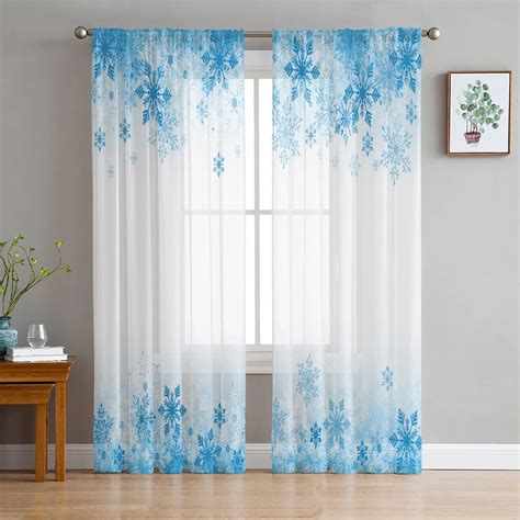 Snowflake Geometric Blue Tulle Curtains For Living Room Sheer Curtain