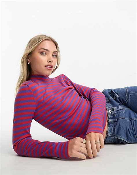 Monki Samina Cotton Ribbed Long Sleeve High Neck Top In Red And Lilac