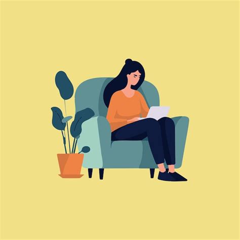 Premium Vector Woman Sitting On Sofa With Notebook On Her Lap Vector