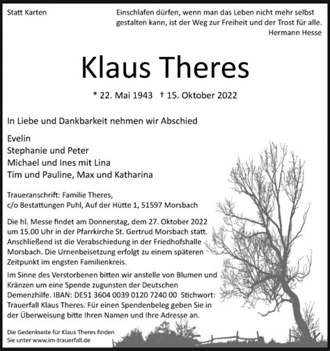 Traueranzeigen Von Klaus Theres WirTrauern