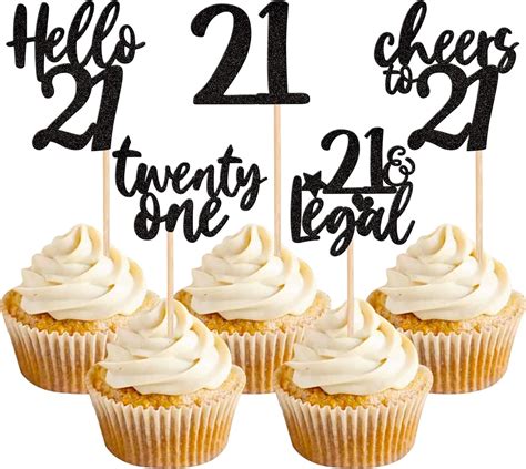 30pcs Black 21st Birthday Cupcake Toppers Glitter Twenty One Hello 21 Cupcake Picks