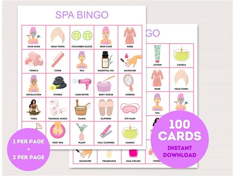 Spa Bingo Cards 100 Printable Spa Bingo Spa Party Activity Spa Party