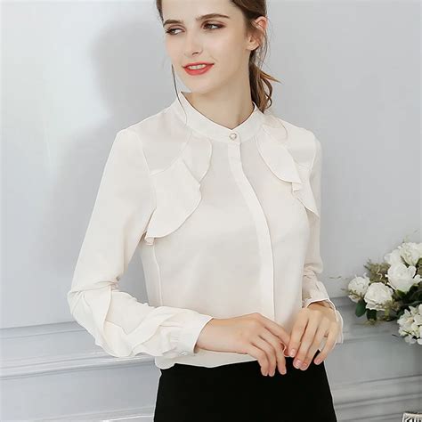 Women Solid Color Blouse Fashion Long Sleeve Ruffles Chiffon Blouses Tops 2019 Elegant Ladies